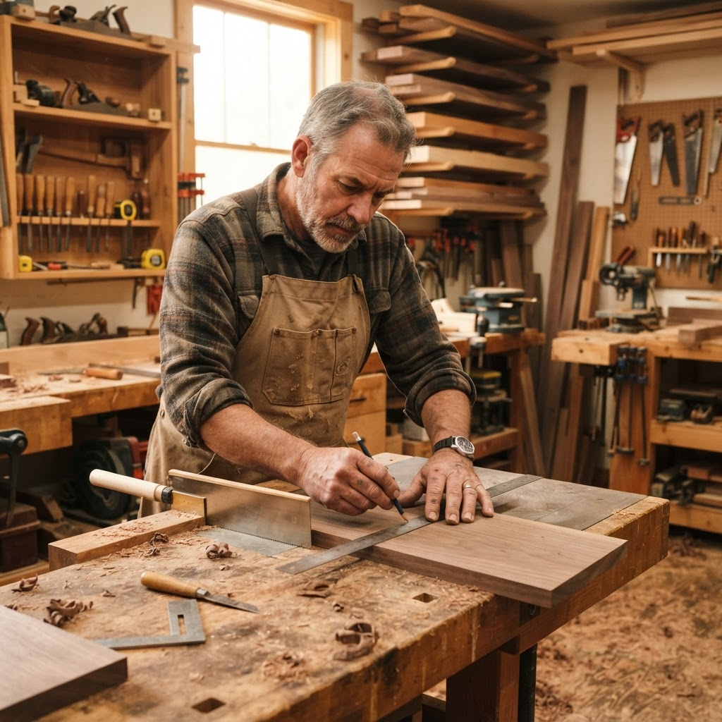 A Riverstone Renovations craftsman measuring and cutting fine wood in the workshop